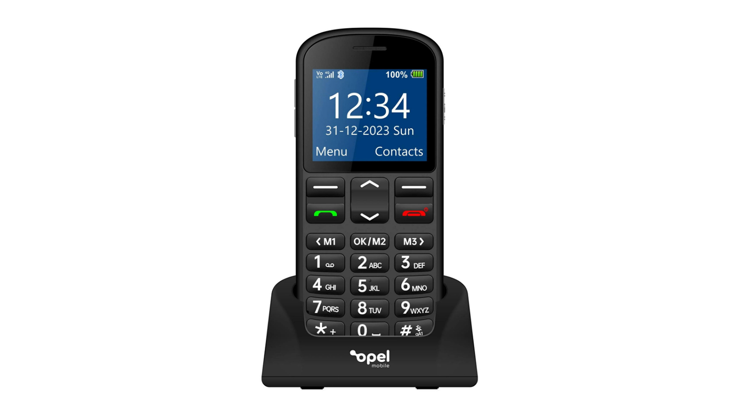Opel Mobile phone on dock with keypad and screen showing 12:34