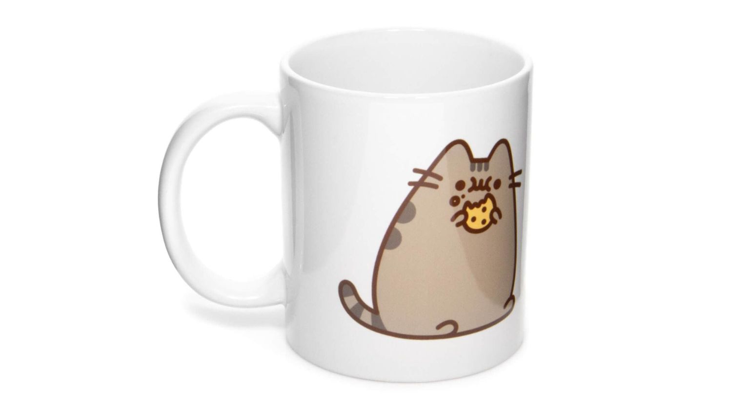 A front view of a Pusheen mug