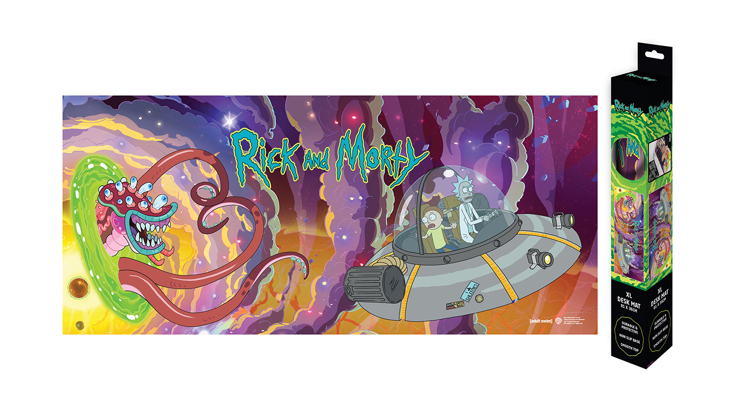 An IM XXL Gamer Desk Mat 90 x 40cm with Rock and Morty’s Blast Through Space design