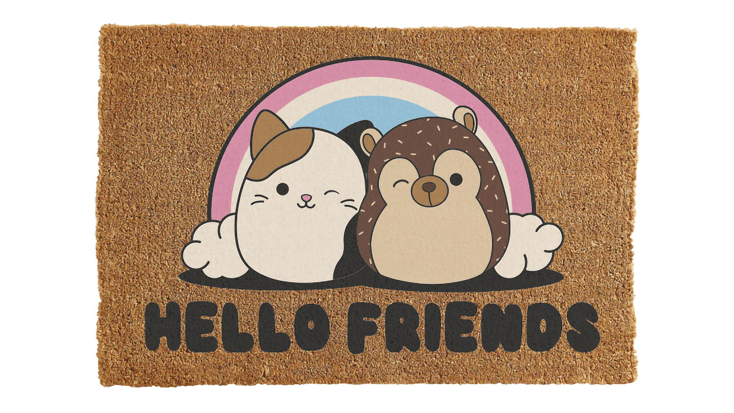 An adorable IM Novelty Doormat with Squishmallow design and Hello Friends text