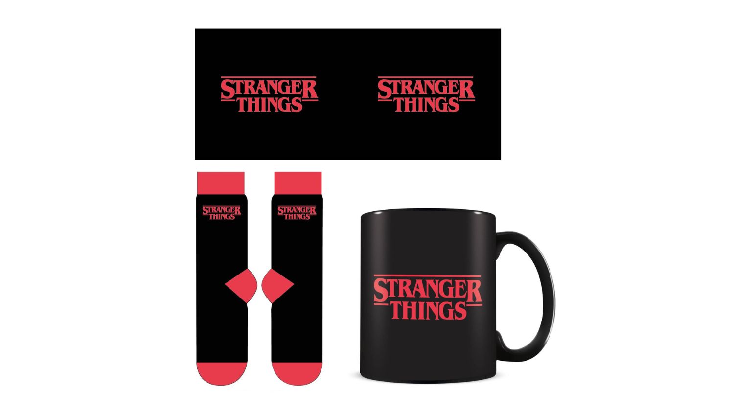 An angled view of the Stranger Things Mug and Socks gift set