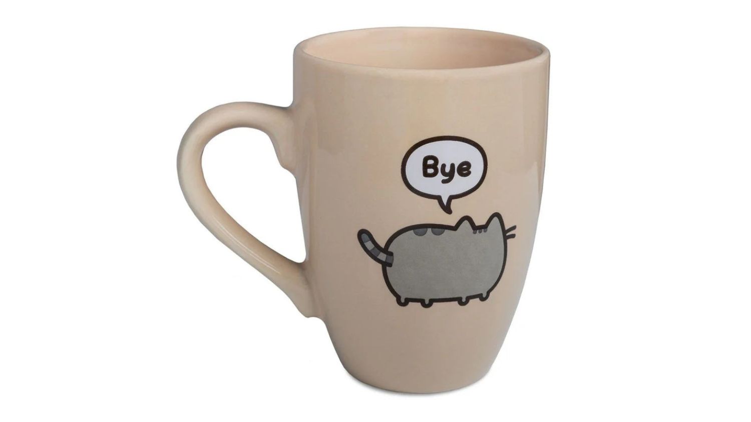 A front view of a Pusheen latte mug
