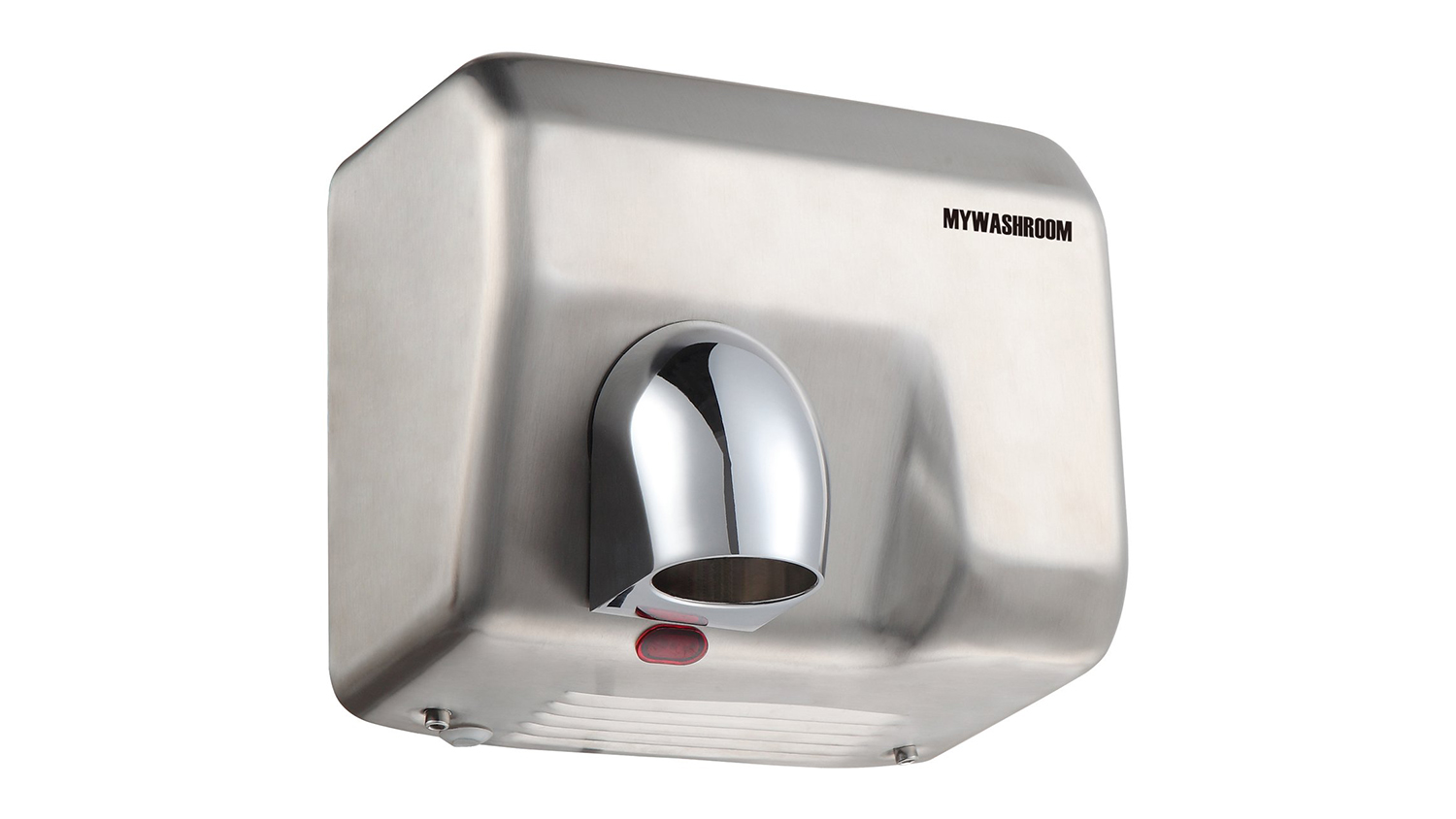 Brushed stainless steel commercial hand dryer with a polished chrome nozzle and "MYWASHROOM" logo
