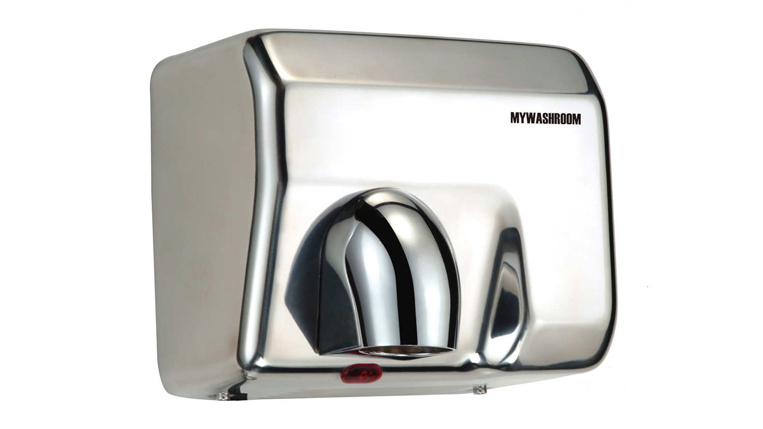 A silver commercial hand dryer with a polished chrome nozzle and "MYWASHROOM" logo