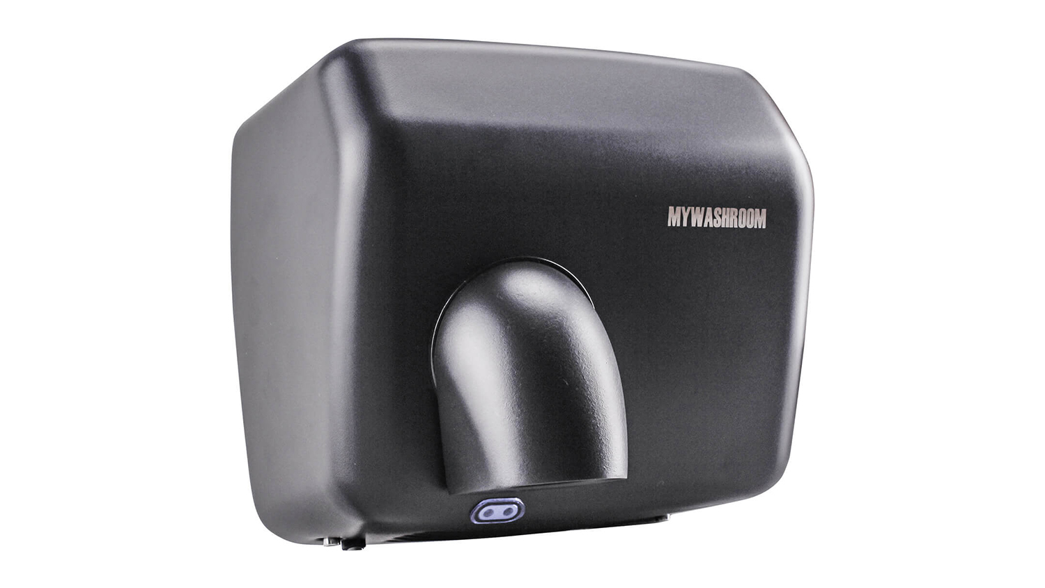Front perspective view of the black MyWashroom hand dryer