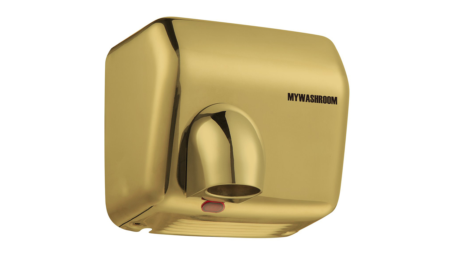 Angled view of the gold hand dryer with the MyWashroom logo