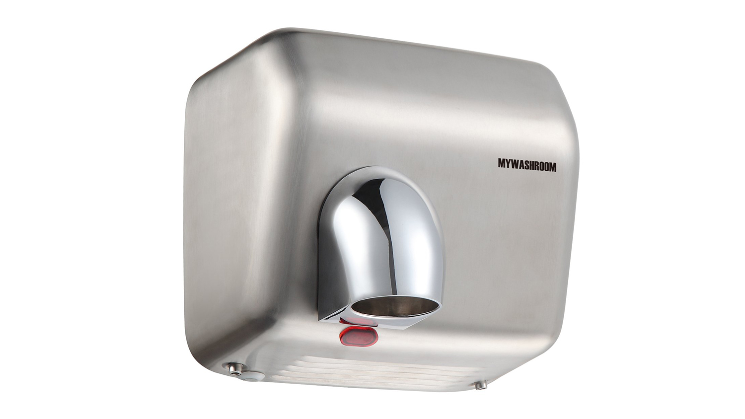 Angled view of the brushed silver hand dryer with the chrome nozzle