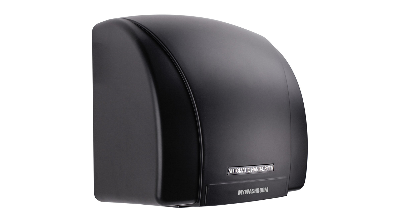 Three-quarter view of the black MyWashroom automatic hand dryer
