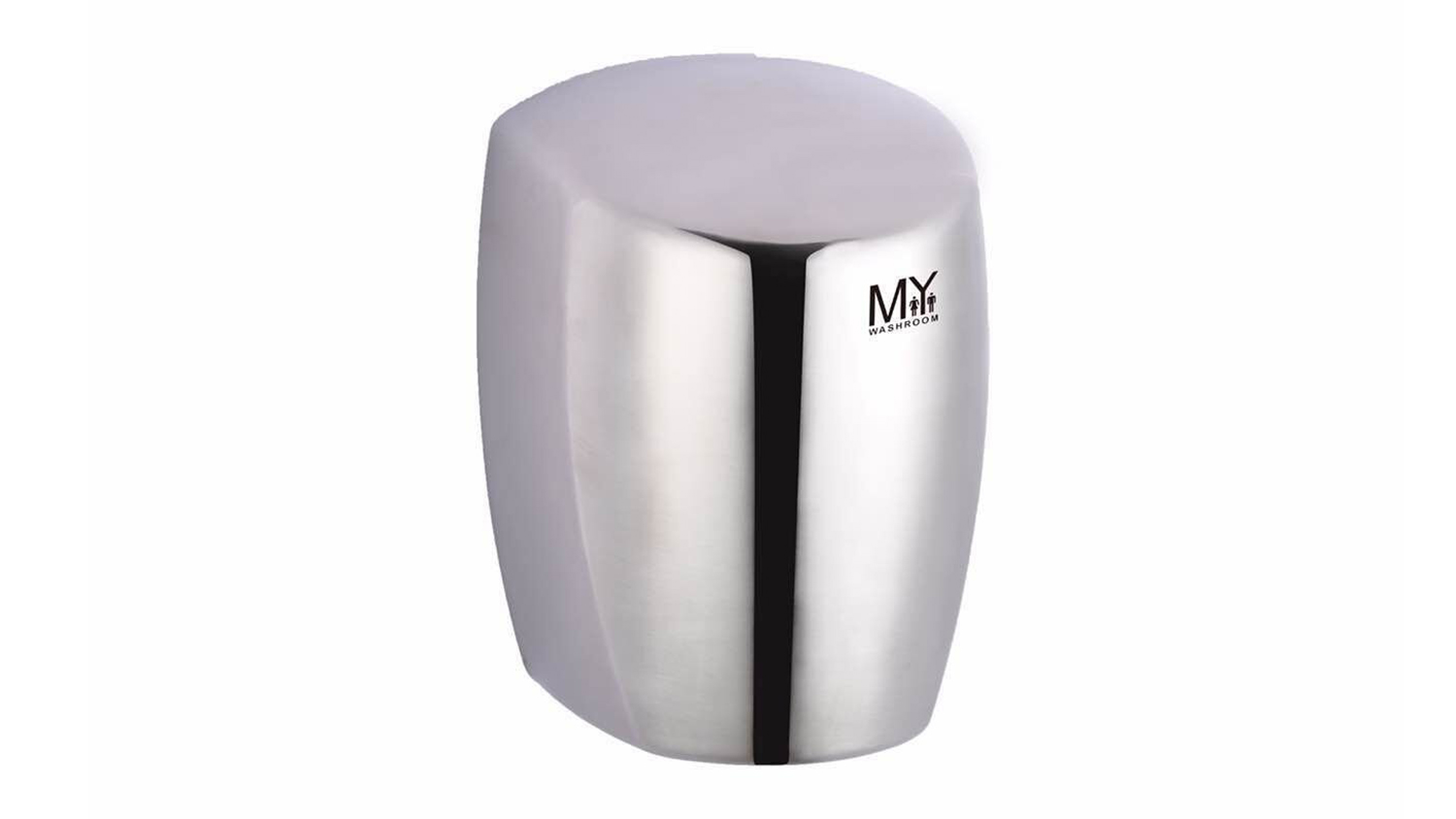 Shiny silver automatic hand dryer cover with the "MY WASHROOM" logo visible