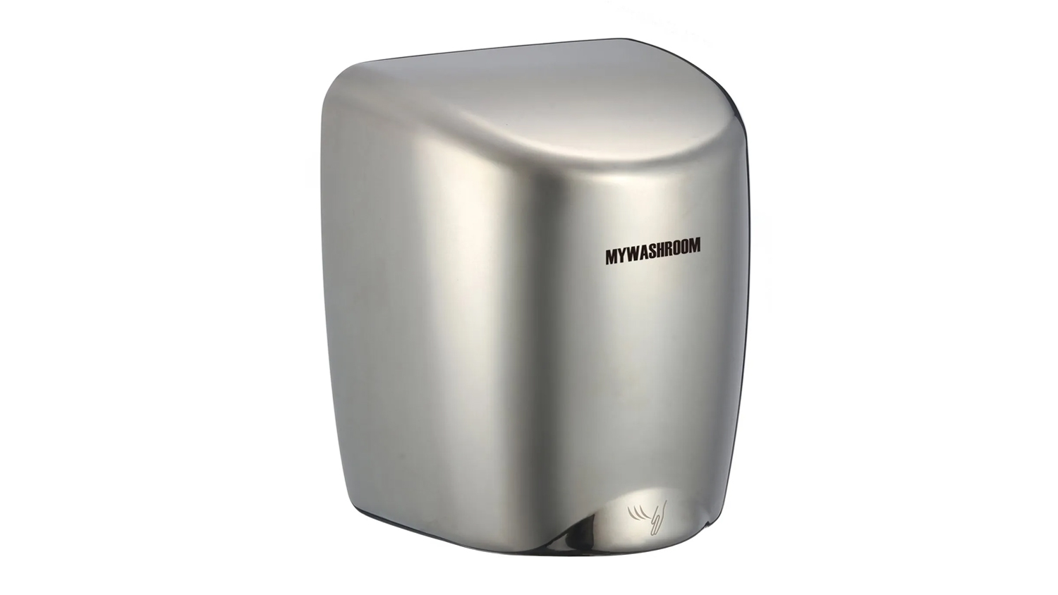 Angled view of the brushed silver hand dryer with the "MY WASHROOM" logo visible