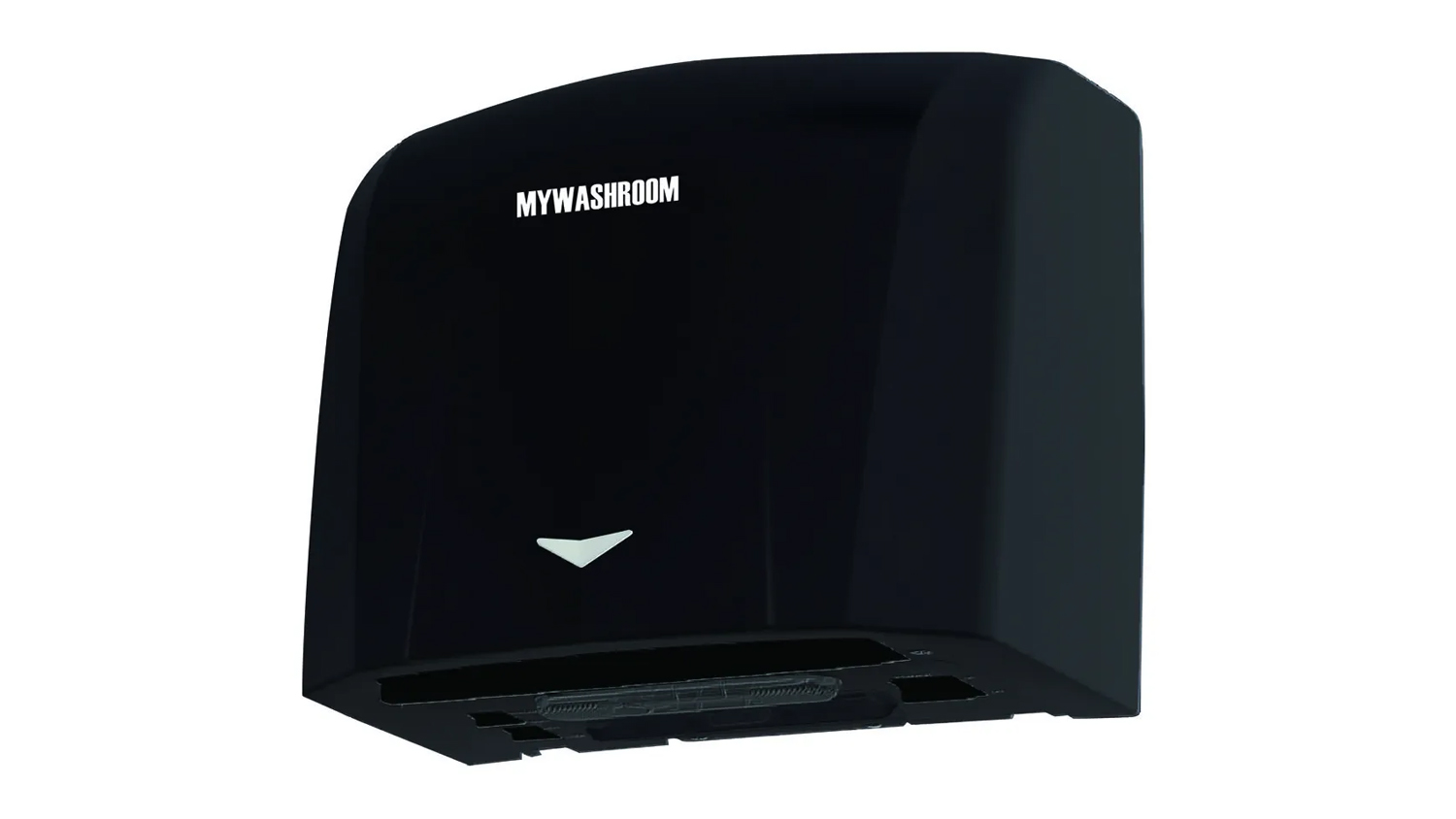 Angled view of a black automatic commercial hand dryer with the "MY WASHROOM" logo at the top