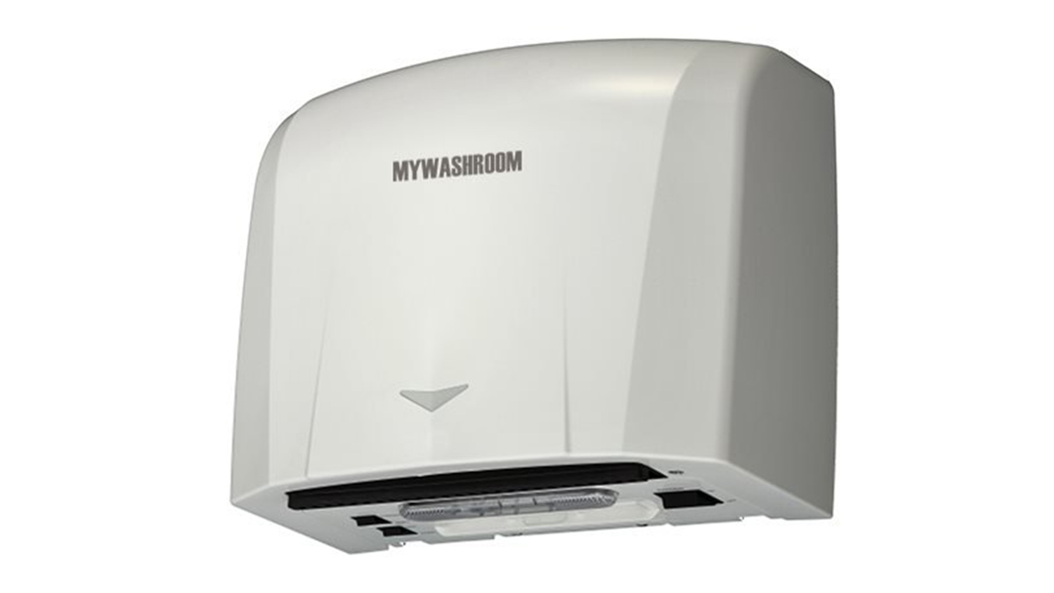 Angled view of a white automatic commercial hand dryer with the "MY WASHROOM" logo visible