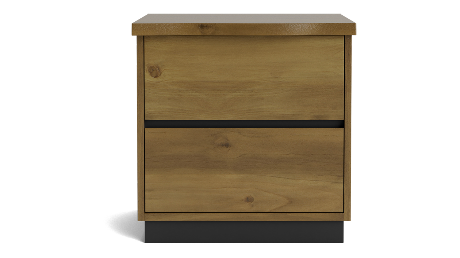 Front view of a Neo 2 Drawer Bedside Table in crate finish with two drawers and a black base
