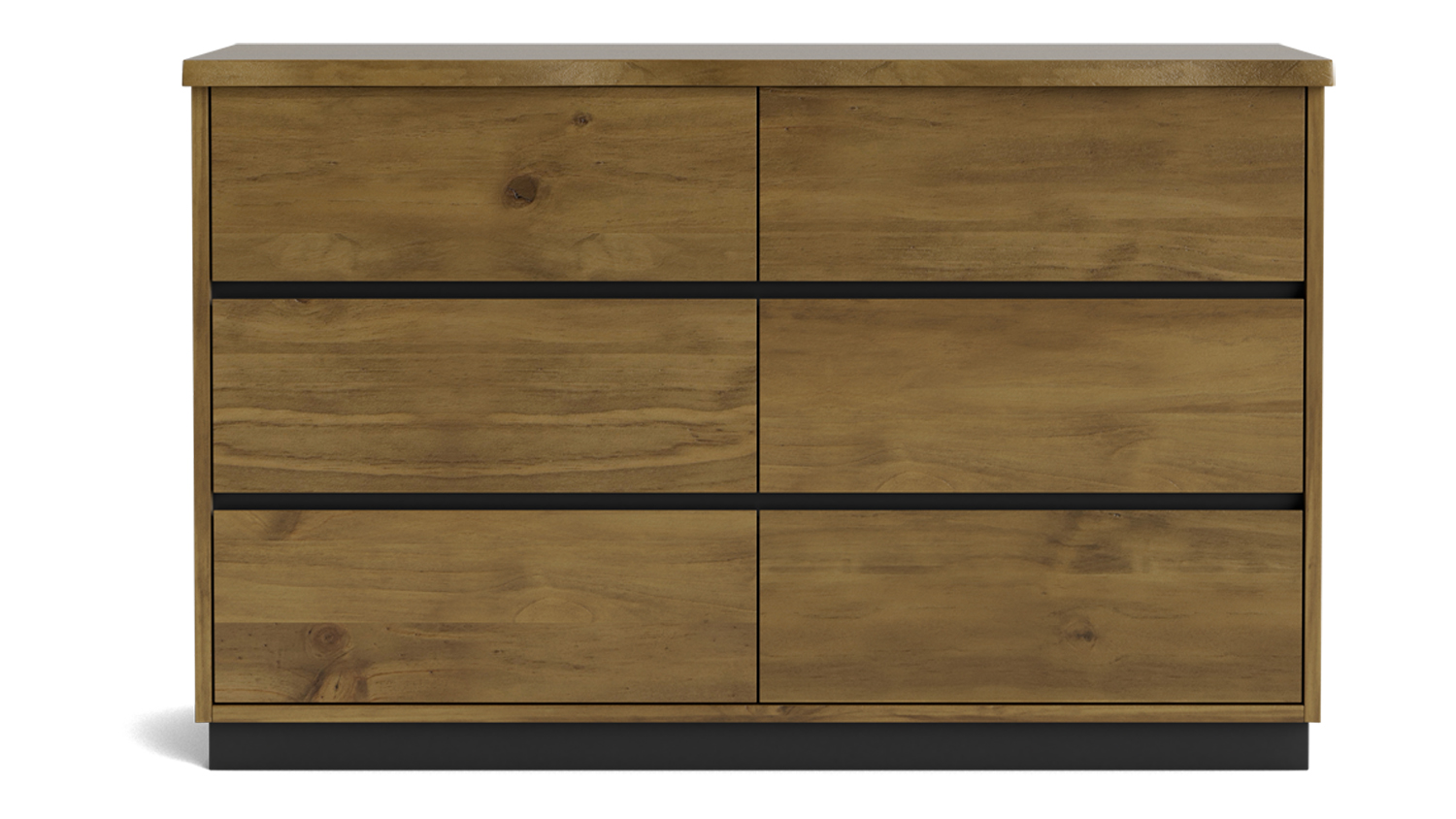 Front view of a Neo 6 Drawer Lowboy in crate finish with six drawers and a black base