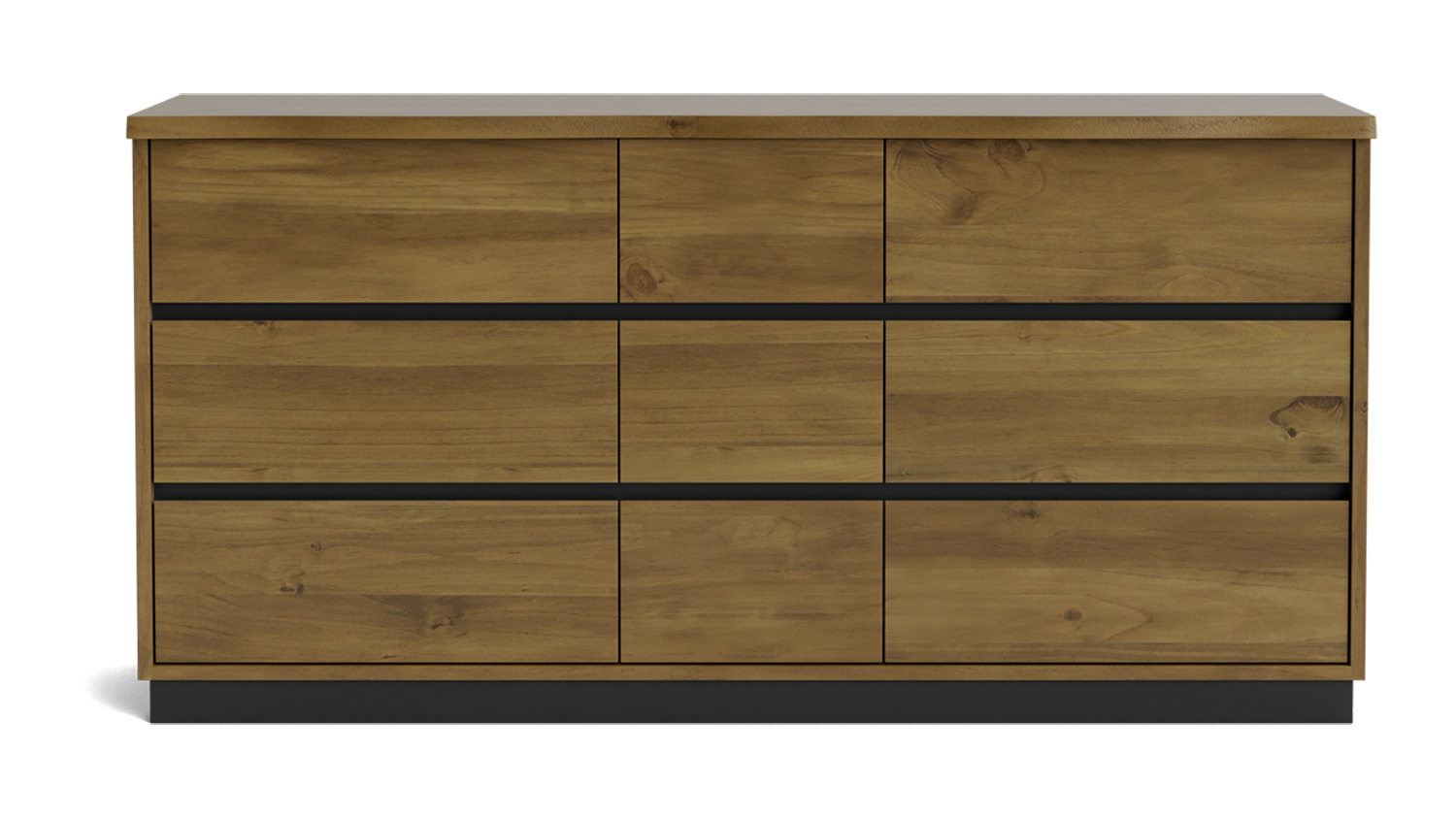 Front view of a Neo 9 Drawer Lowboy in crate finish with nine drawers and a black base