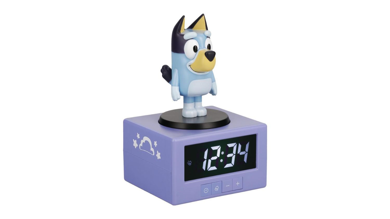 A right-angled view of the Bluey novelty icon alarm clock