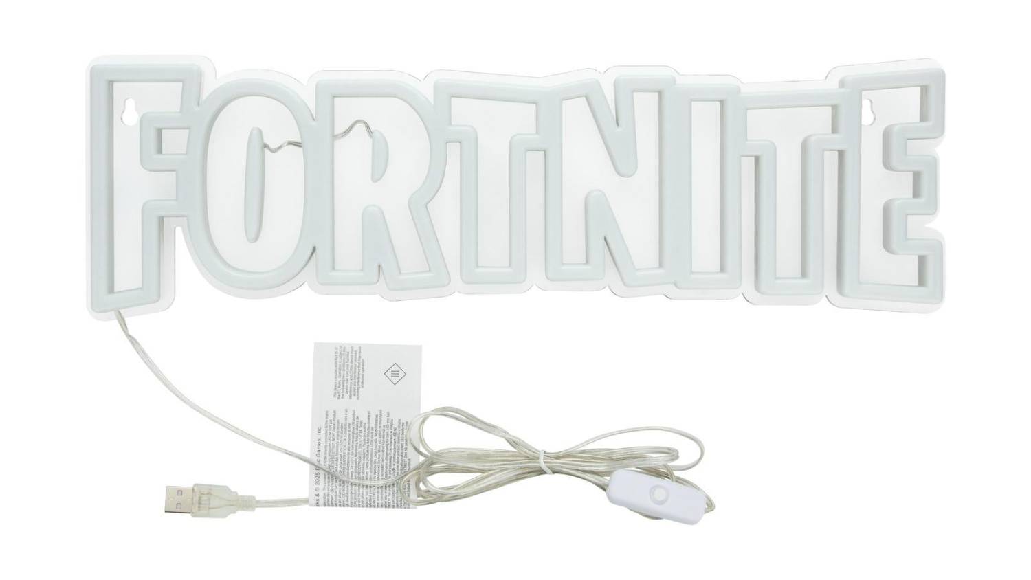 Fortnite LED Neon Light in white outline spelling “FORTNITE,” shown with attached USB cable and inline power switch