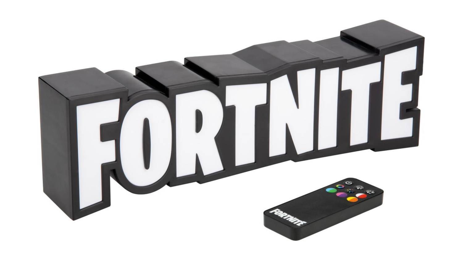 Fortnite Logo LED Light in black frame with bold white letters, shown with included remote control