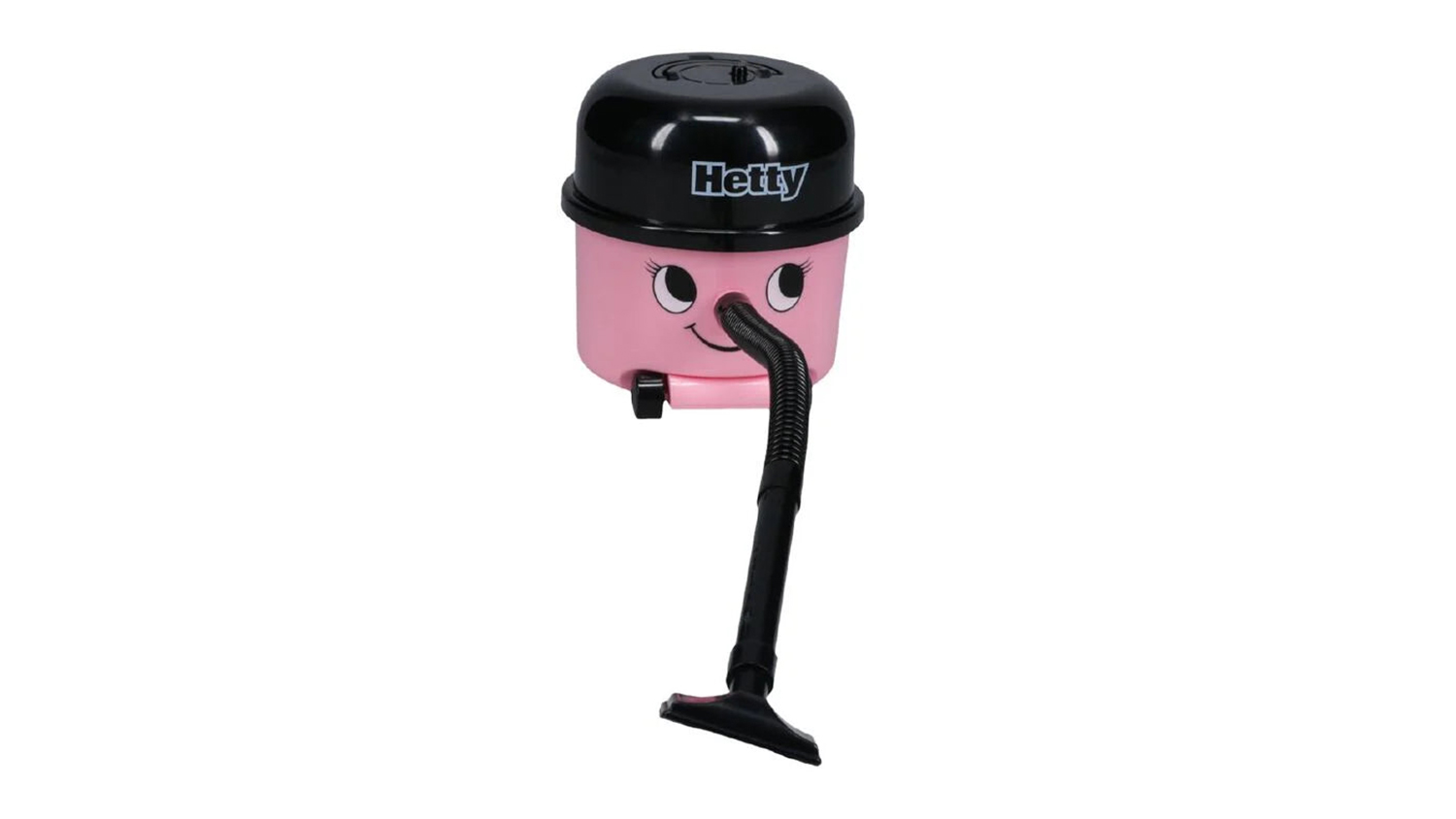 Pink novelty desk vacuum shaped like the character Hetty, with a black hose and floor tool