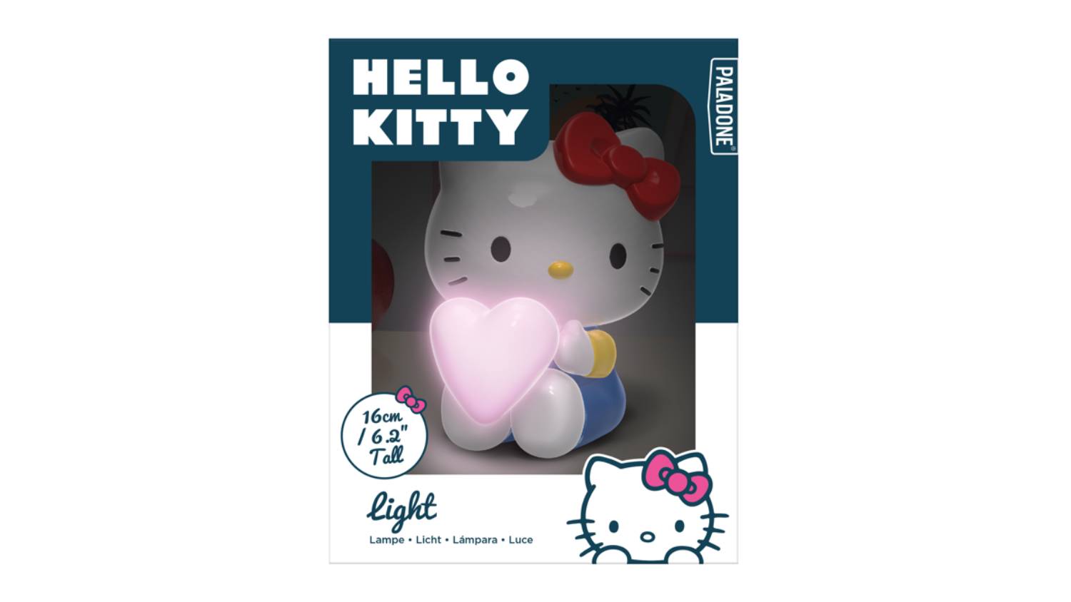Packaged Hello Kitty-shaped LED light featuring Hello Kitty holding a glowing pink heart