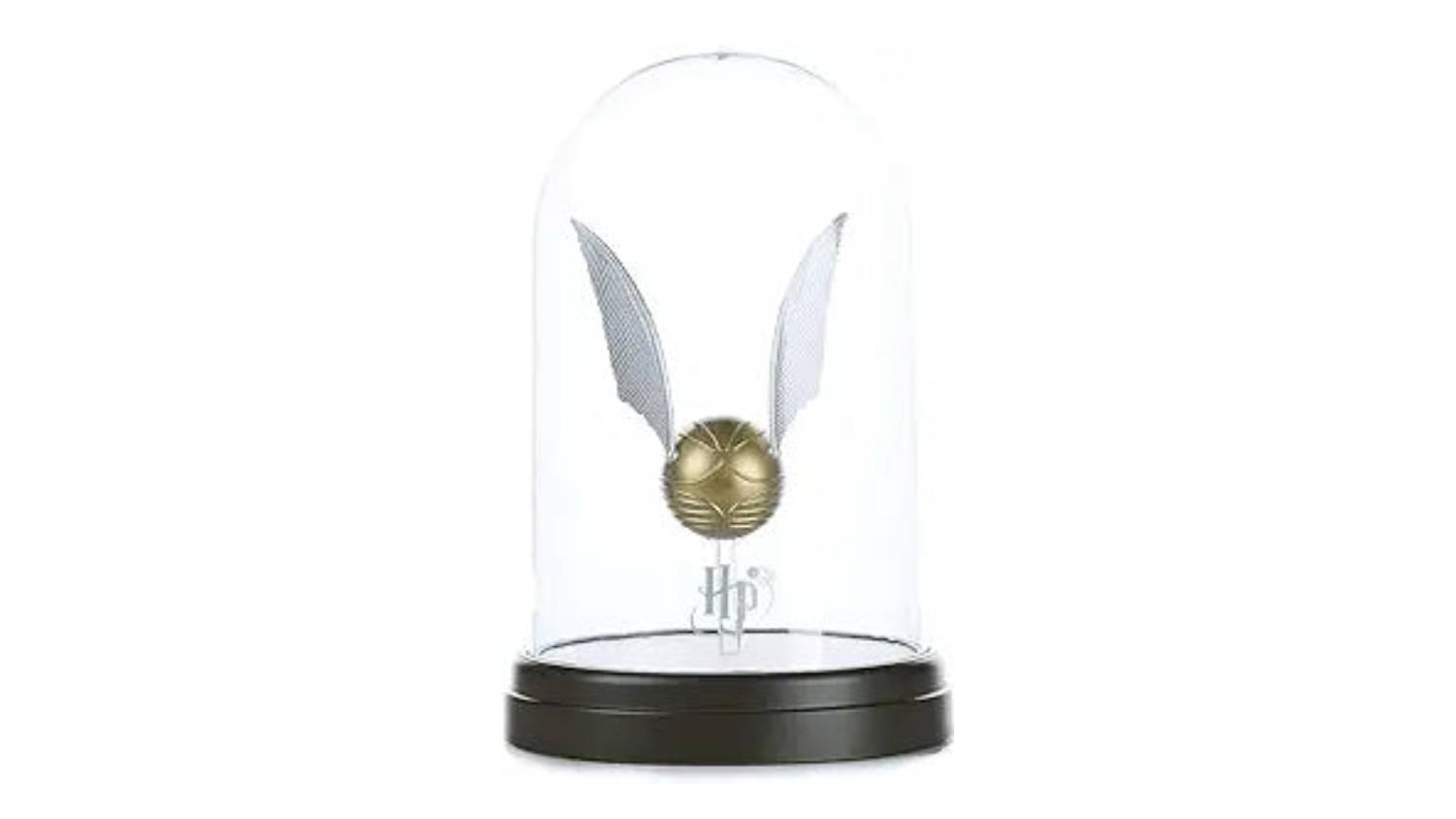Golden Snitch décor light inside a clear glass dome with black base, featuring gold ball and silver wings