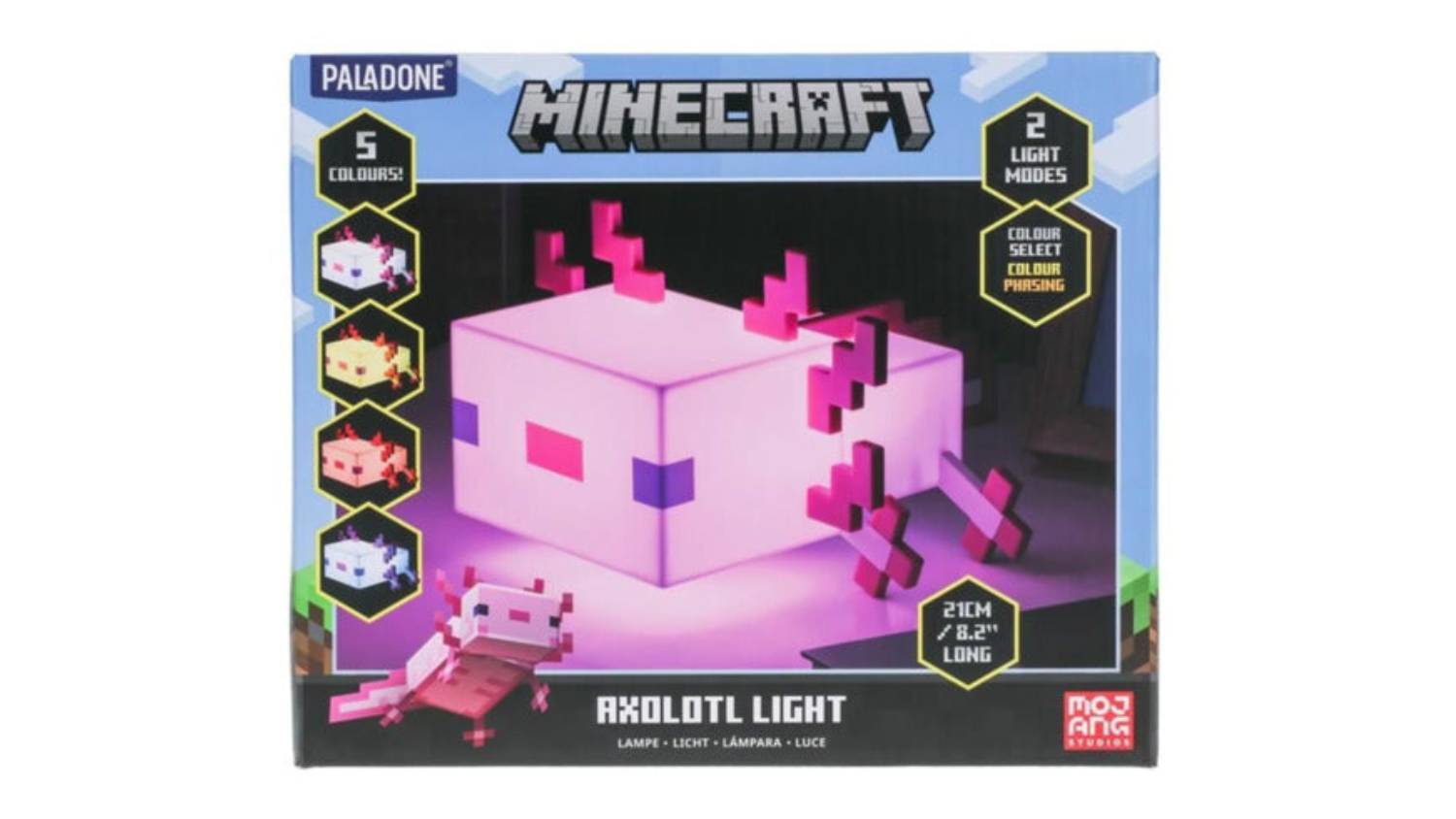 Packaged Minecraft Axolotl LED Light in a colourful box with branding
