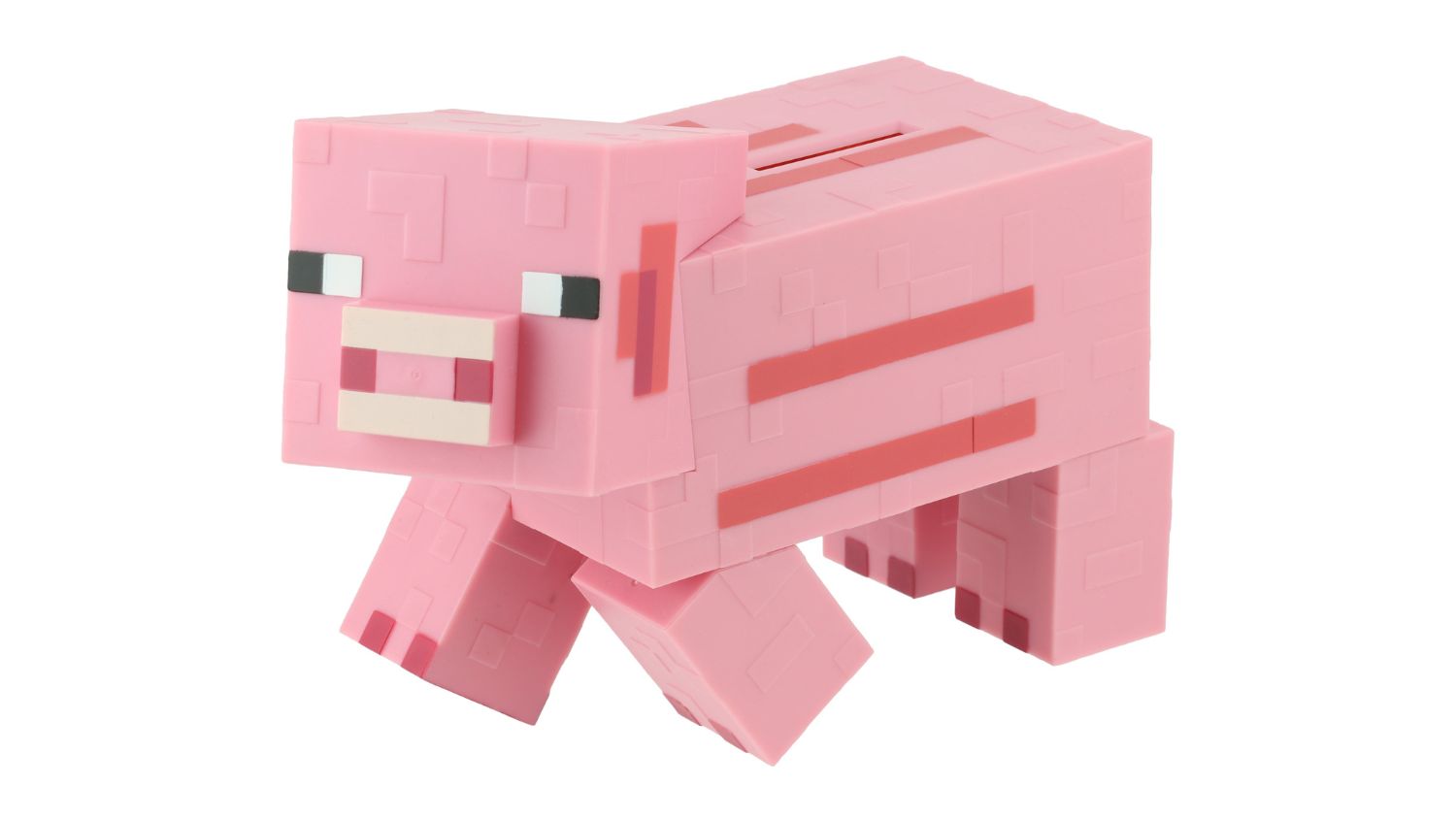 Pink pixelated Minecraft pig coin bank with a slot on top