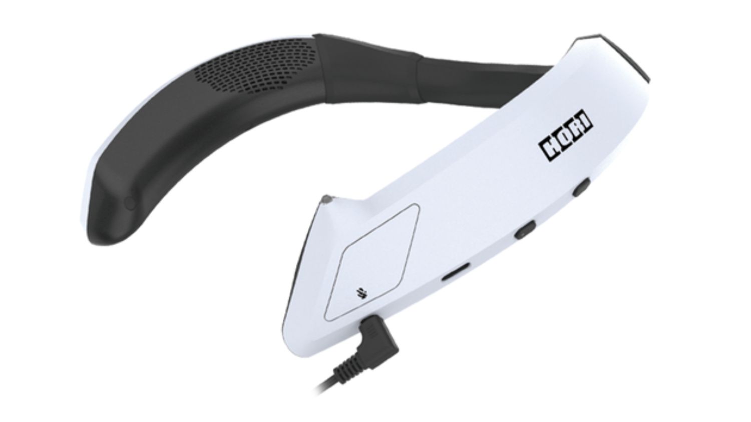 Close-up of HORI 3D Surround Gaming Neckset in white and black with USB-C charging cable attached