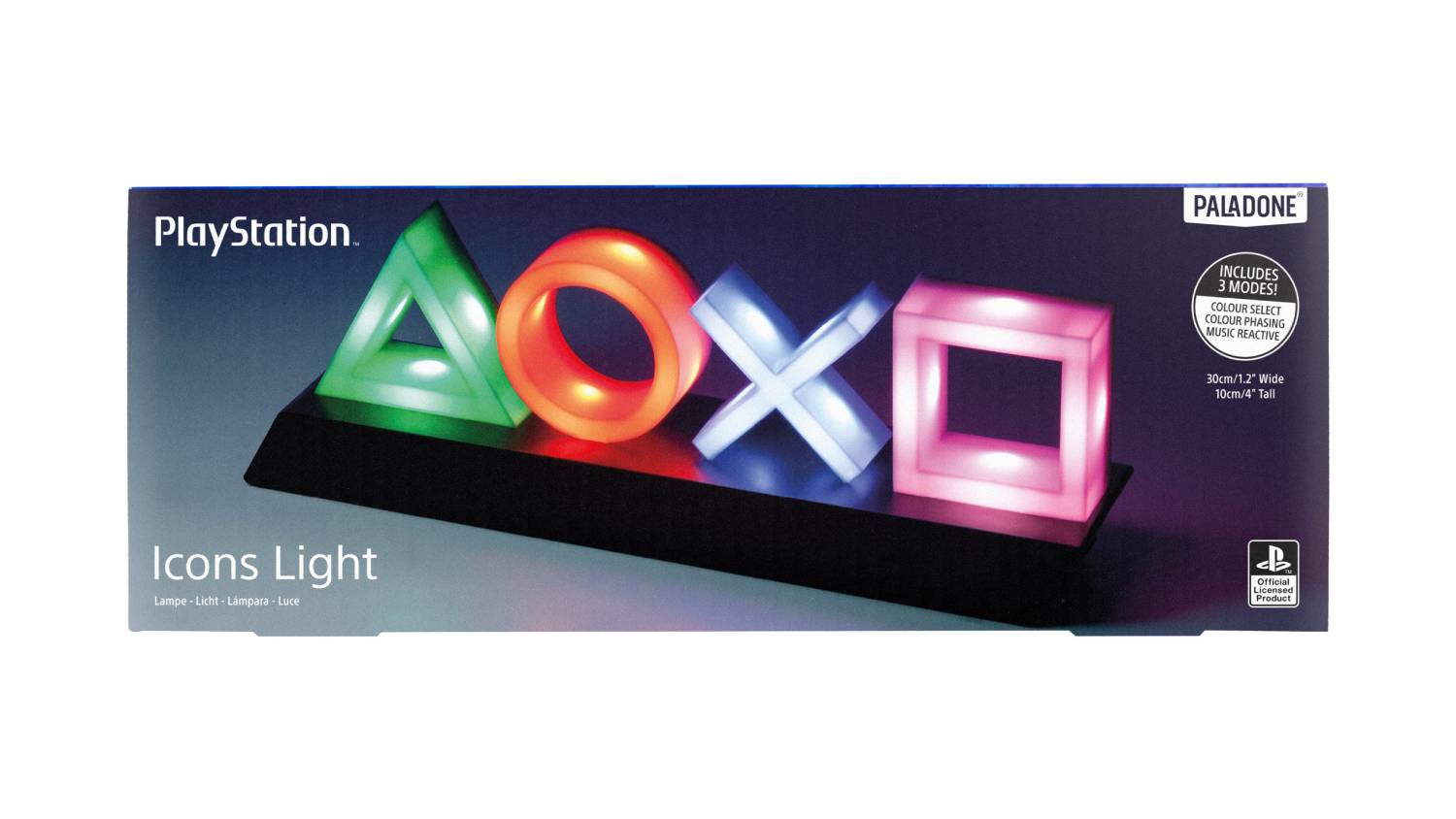 PlayStation Icons Light in packaging showing illuminated triangle, circle, cross, and square symbols on a black base