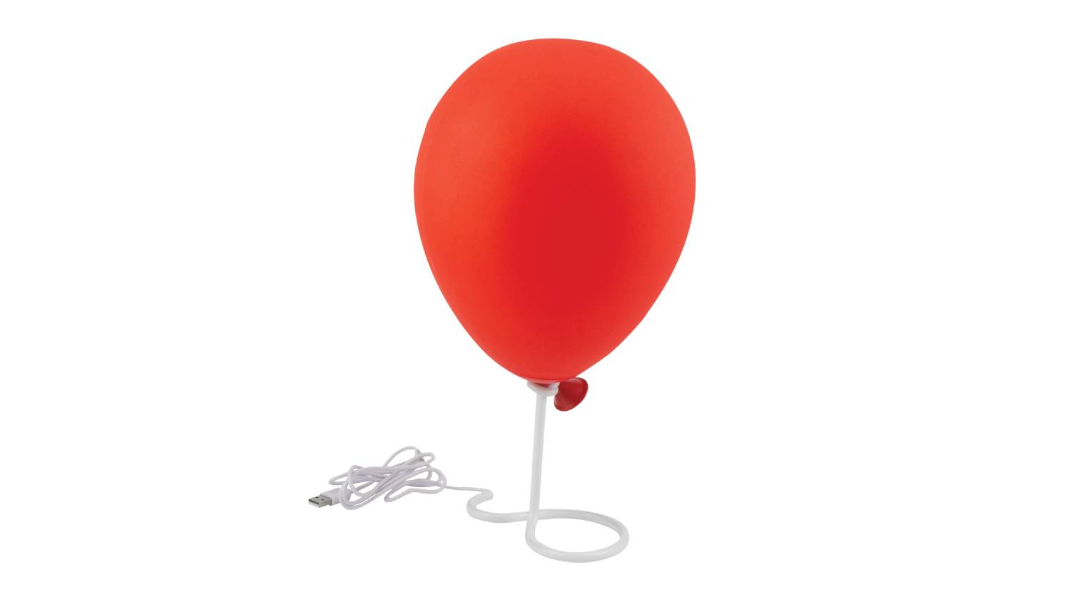 A red balloon-shaped LED light on a white metal stand. The light includes a white USB cable for power