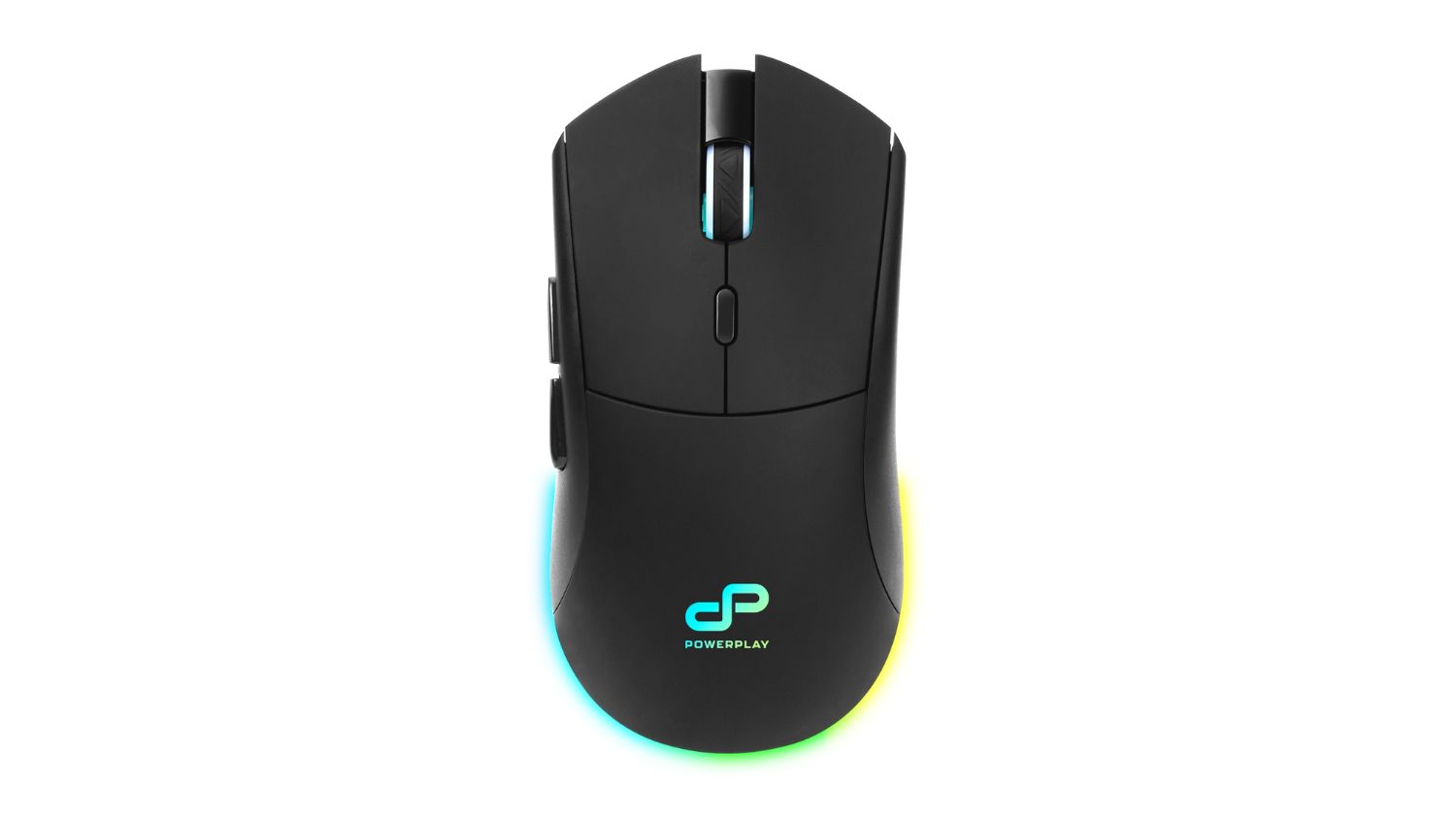 Black Powerplay Pro wireless gaming mouse with RGB lighting and scroll wheel, featuring logo on palm rest