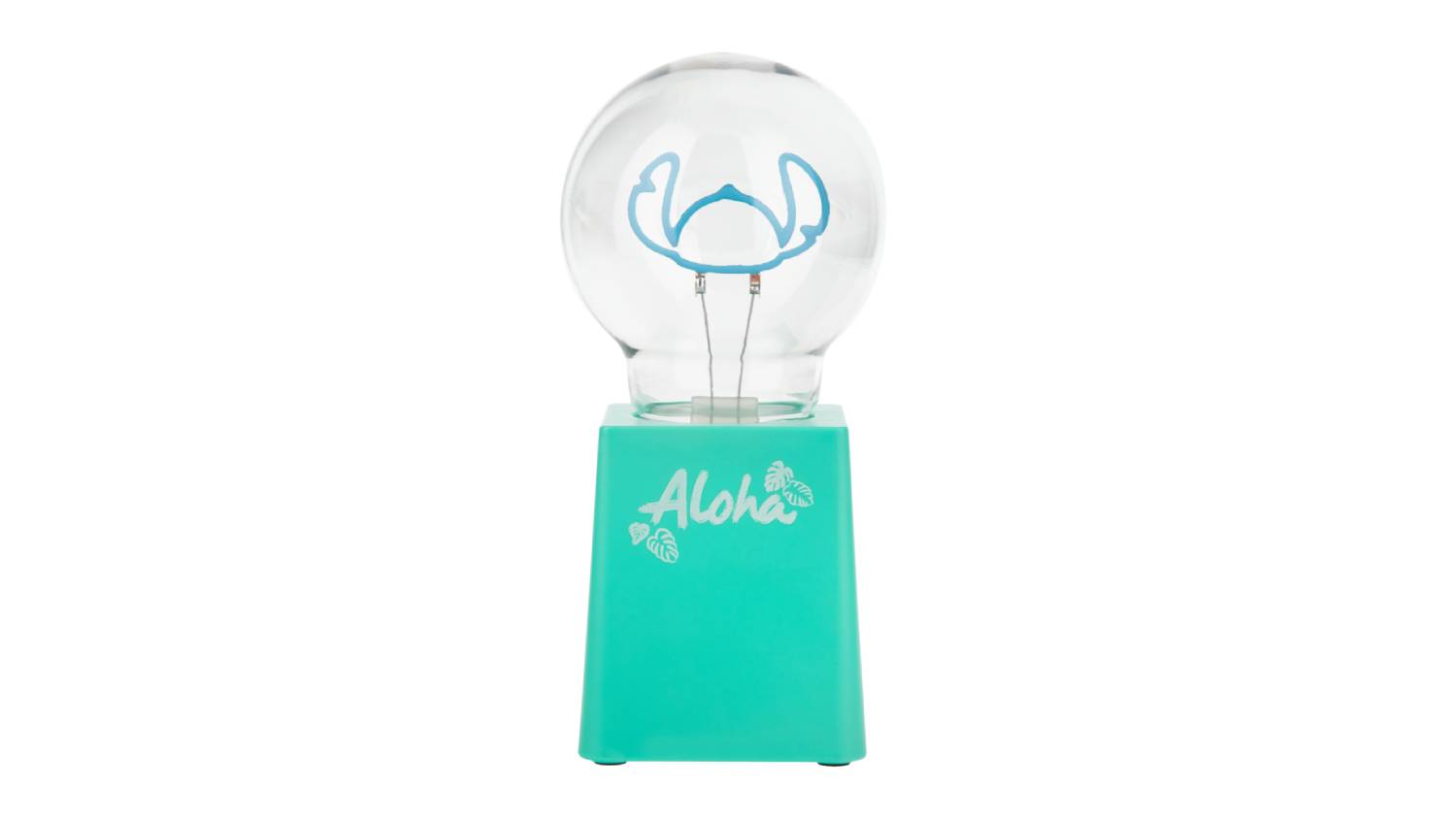 A Stitch-themed LED light with a clear glass globe on a turquoise base featuring the word “Aloha”