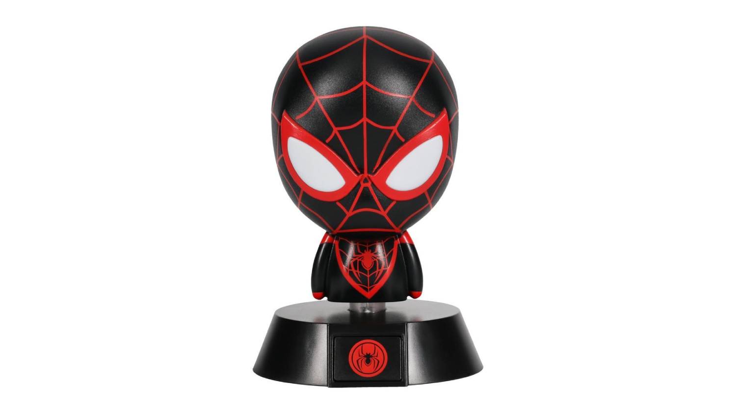 A Miles Morales-themed LED light in chibi style with a black head featuring red web patterns and large white eyes
