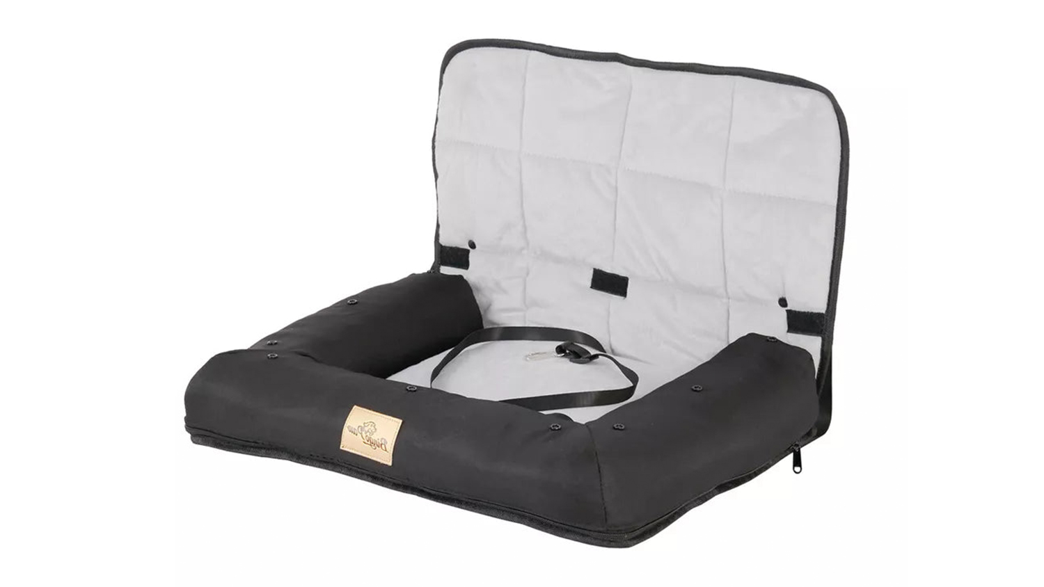 Front view of the black Oxford Fabric booster seat protector for pets, ready for installation