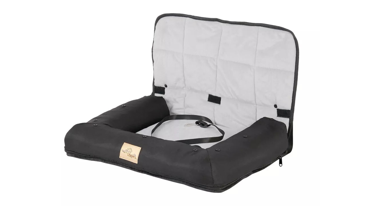 Front view of the black Oxford Fabric booster seat protector for pets, ready for installation