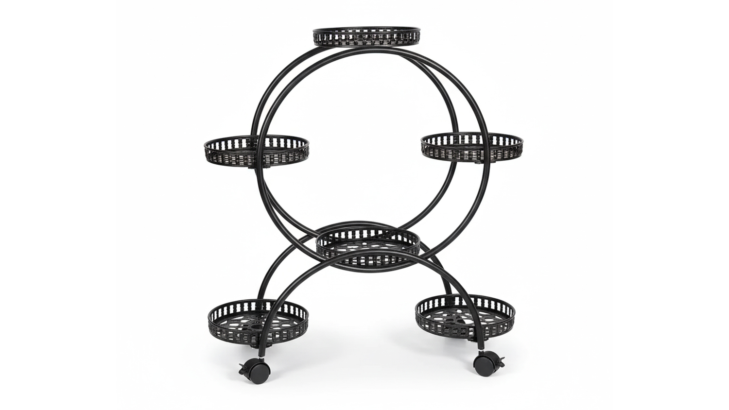 Pretty & Practical black metal plant stand cart with six round, patterned trays