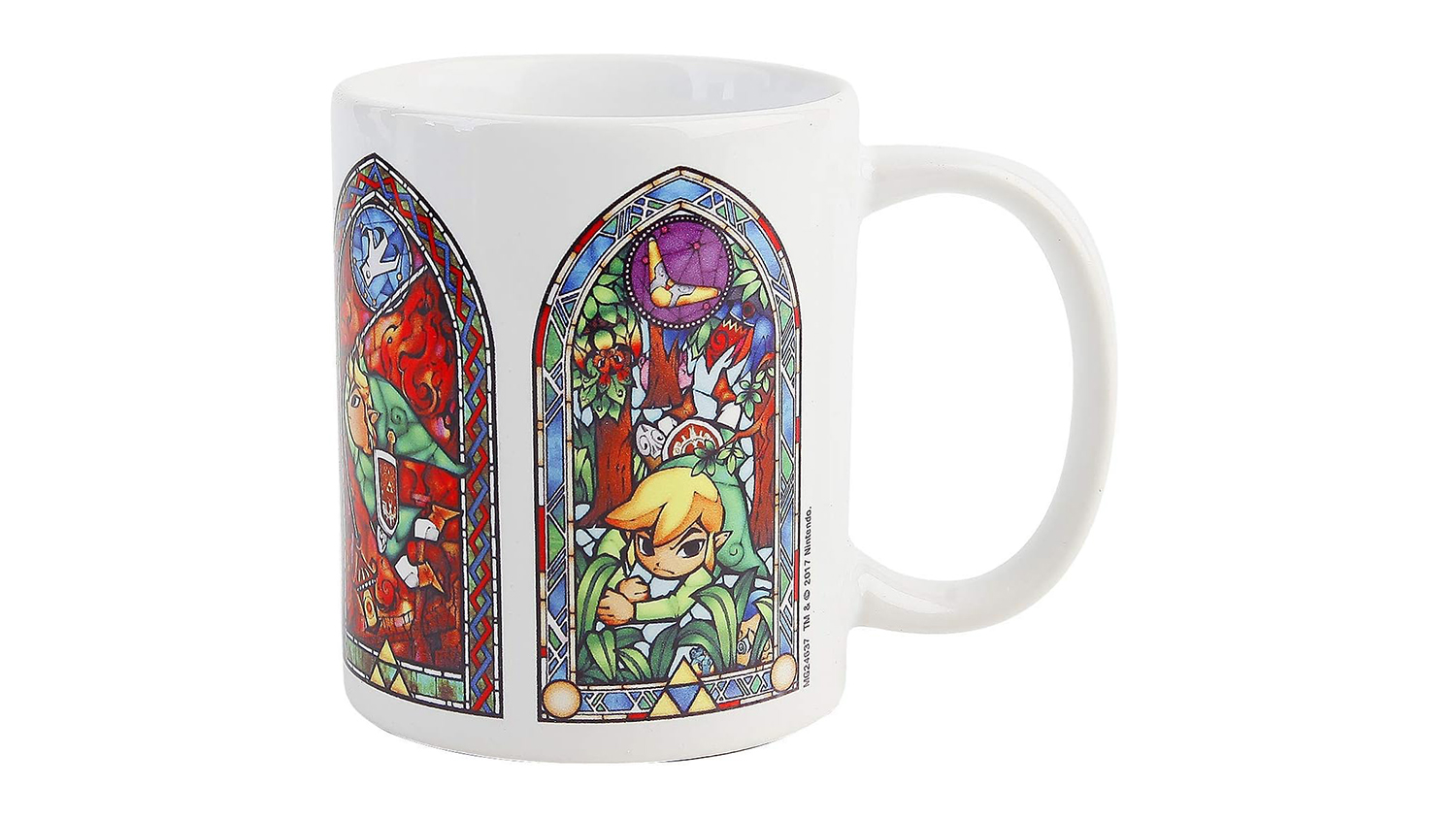 White Legend of Zelda mug, featuring a stained glass decals of Link hiding in the grass and another scene