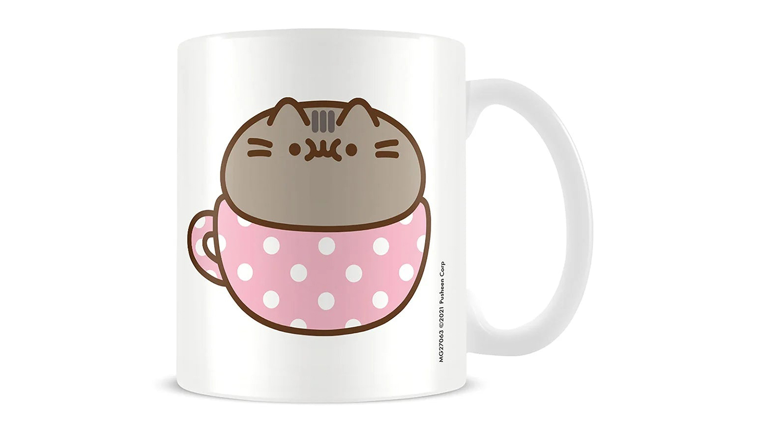 White ceramic mug with a decal showing Pusheen the cat sitting inside a pink cup