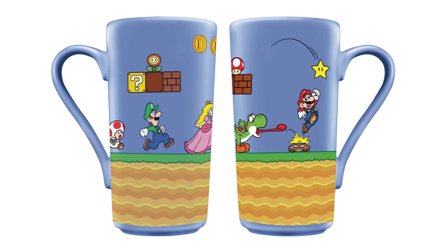 A side-by-side view of the Super Mario Grande mugs