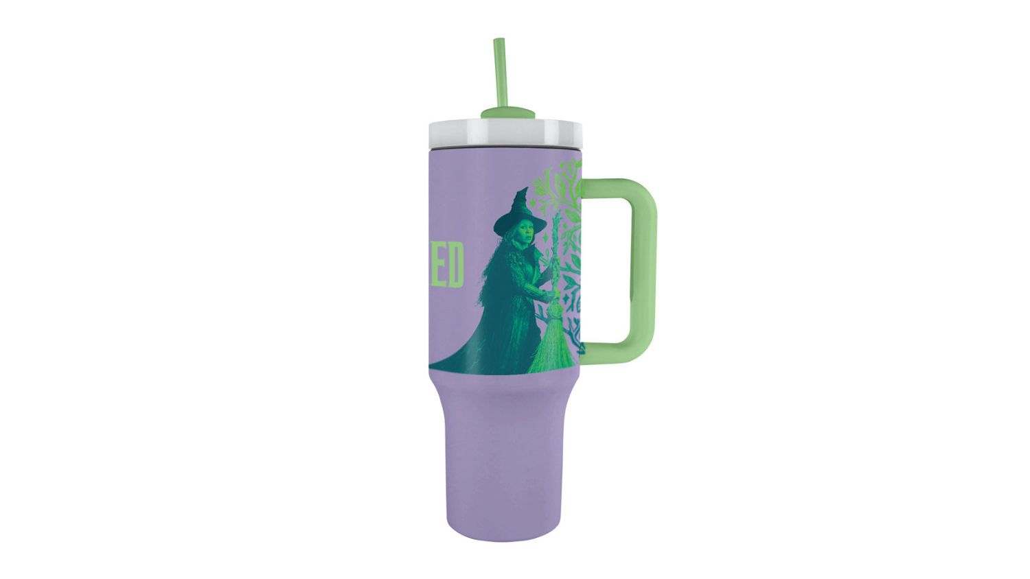 Lavender tumbler with green handle and straw, featuring a green witch silhouette holding a broom and tree design