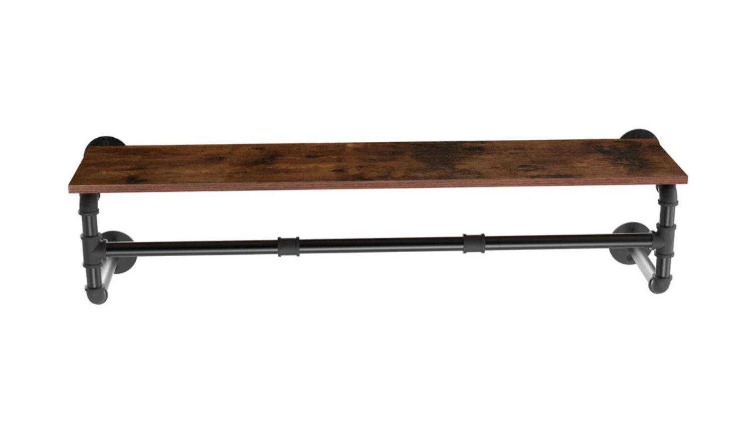 Industrial wall-mounted clothes rack with wooden shelf and black iron pipe design for storage and display
