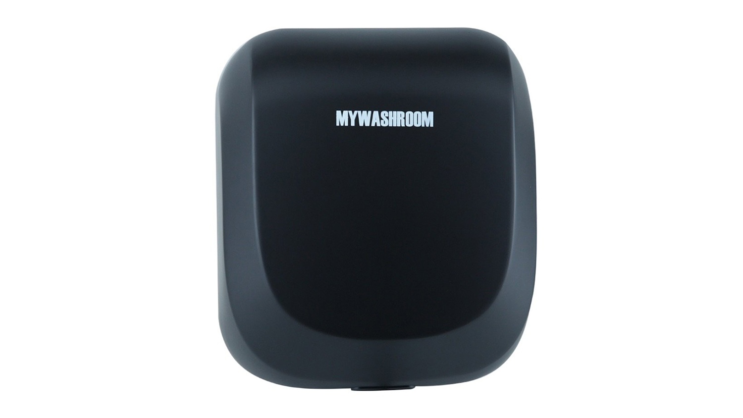 Front view of the vertical black MyWashroom hand dryer with a matte finish