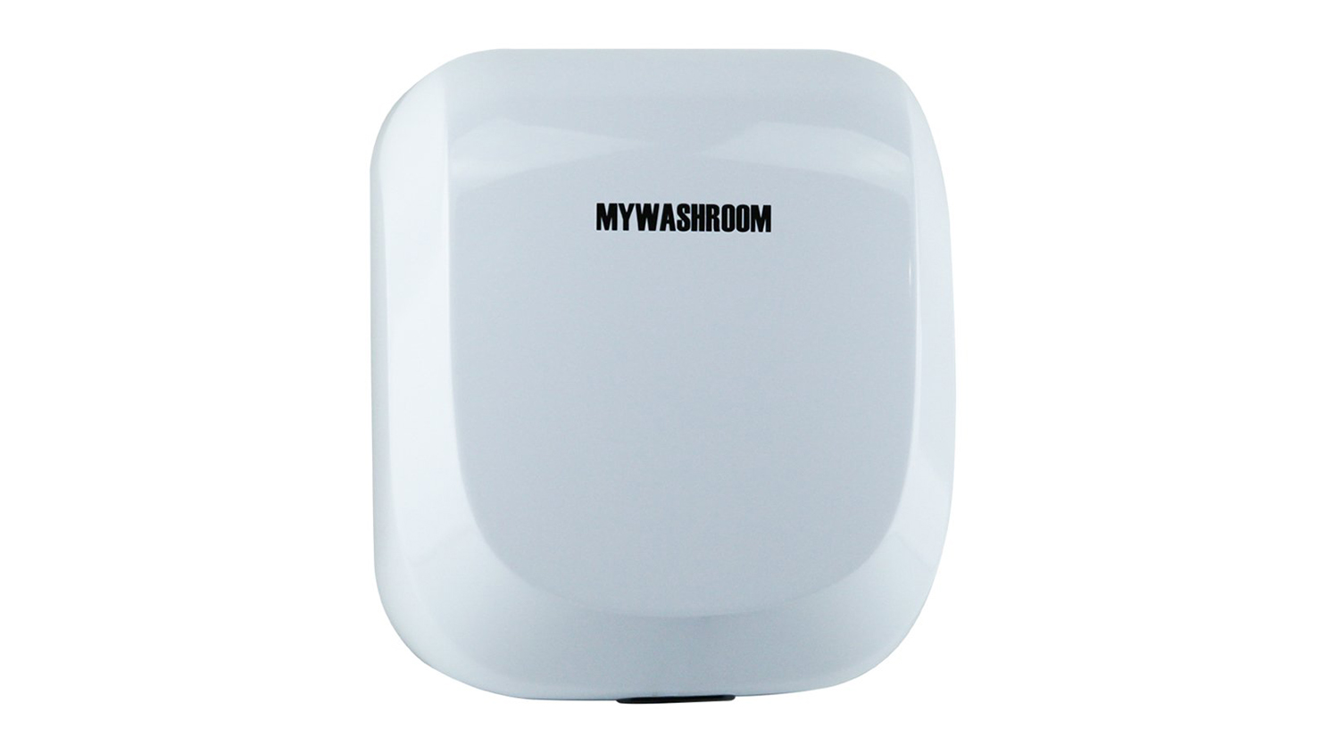 Front view of the vertical white MyWashroom automatic hand dryer with a glossy finish