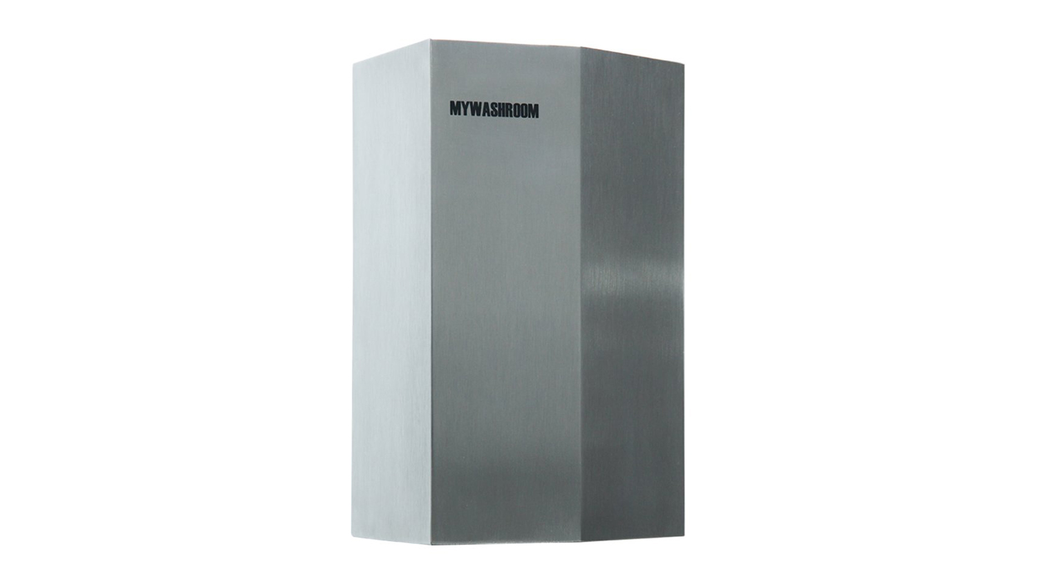 Front view of the vertical silver, matte commercial hand dryer