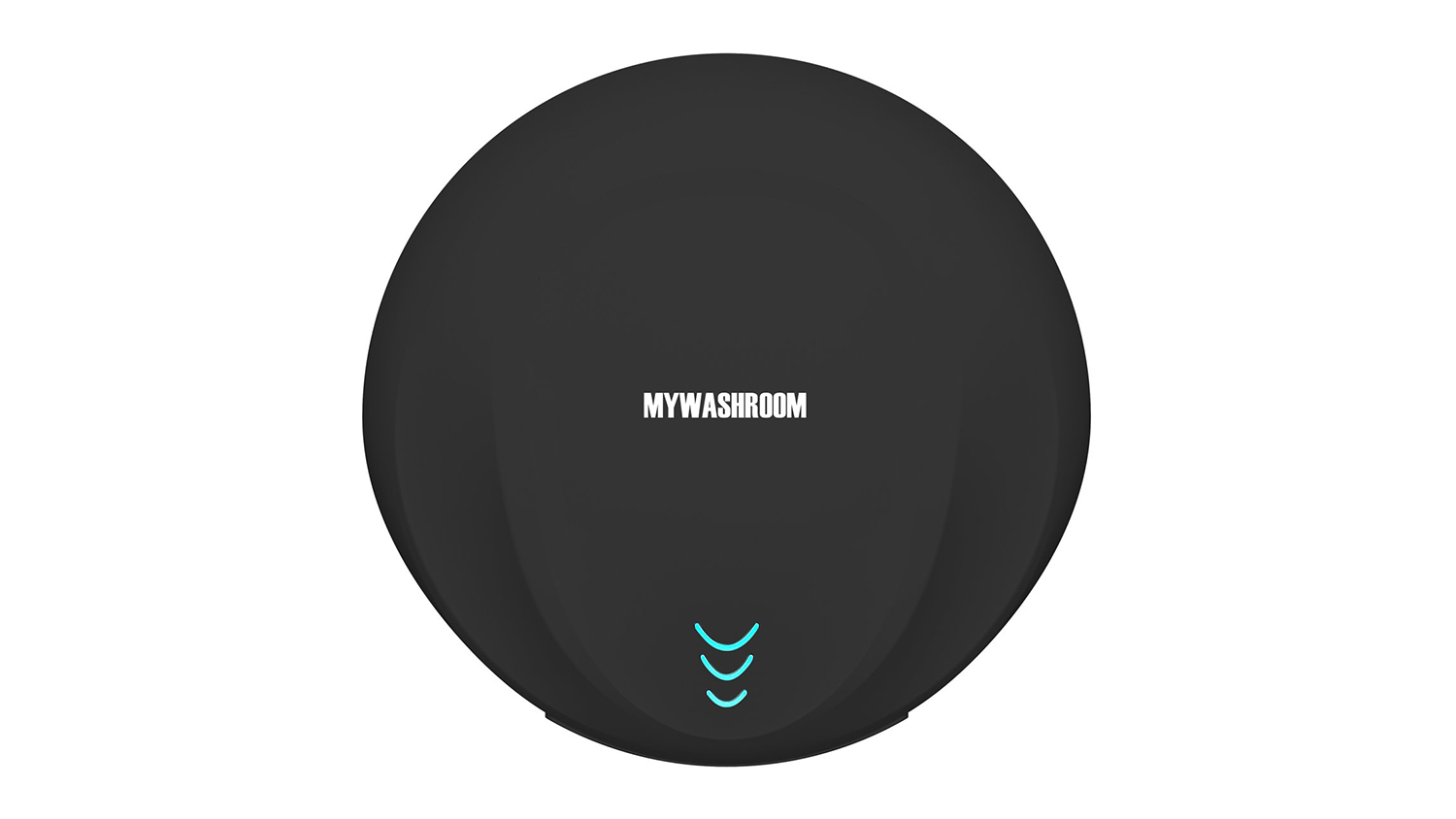 Front view of the black, circular hand dryer with MyWashroom logo and blue indicator light