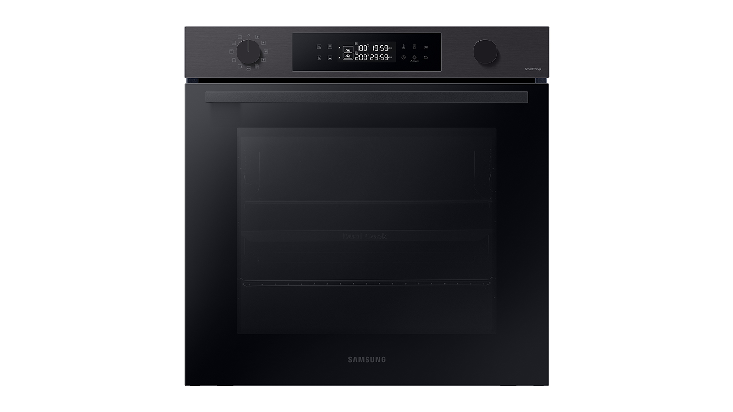 Front view of a black Samsung 60cm Built-In Oven with closed door and lit digital display