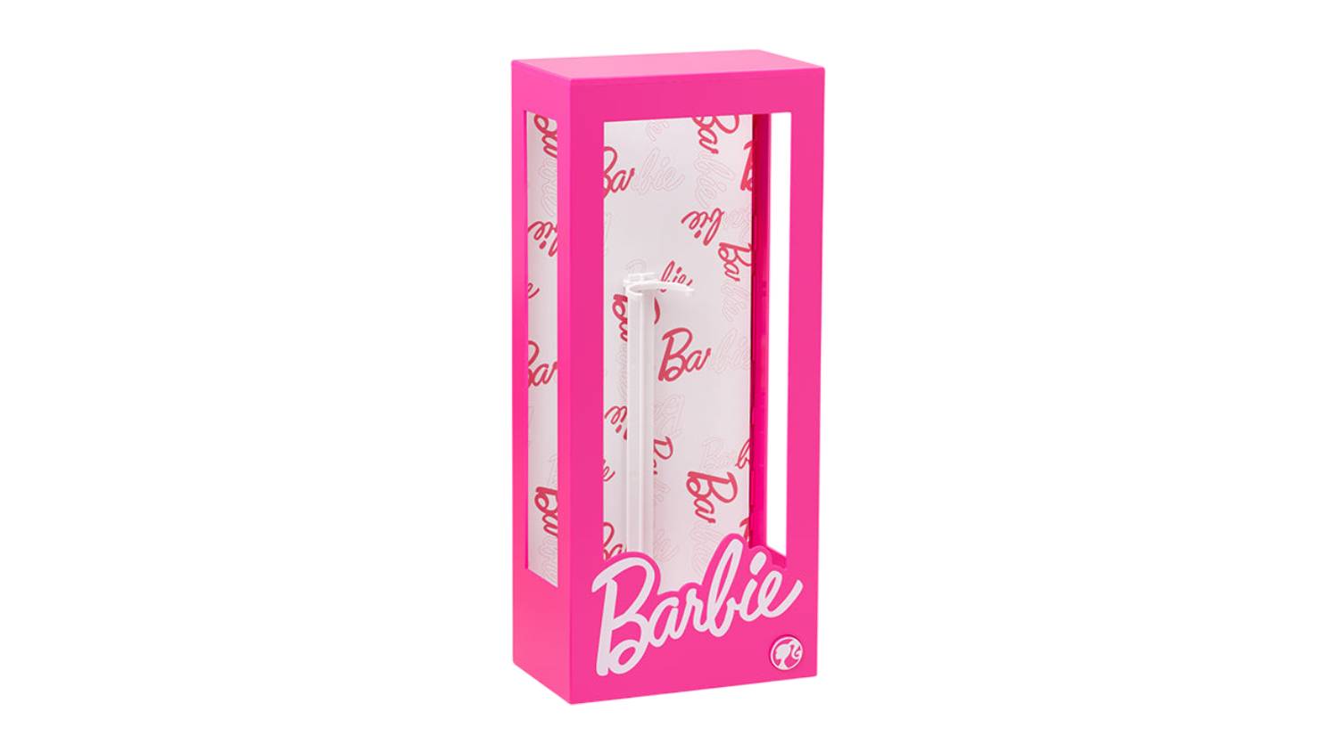 Pink Barbie-themed display case light with clear front panels and white interior featuring repeating red Barbie logo