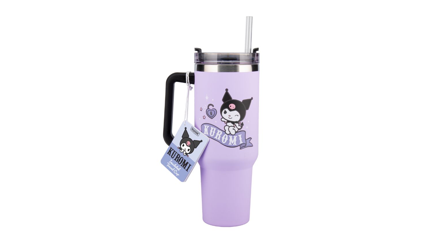 A front view of the Kuromi travel cup