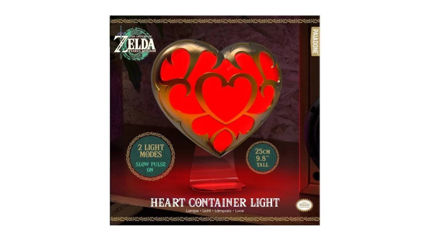 Product packaging for the Legend of Zelda Heart Container LED Light. The box shows the heart-shaped lamp