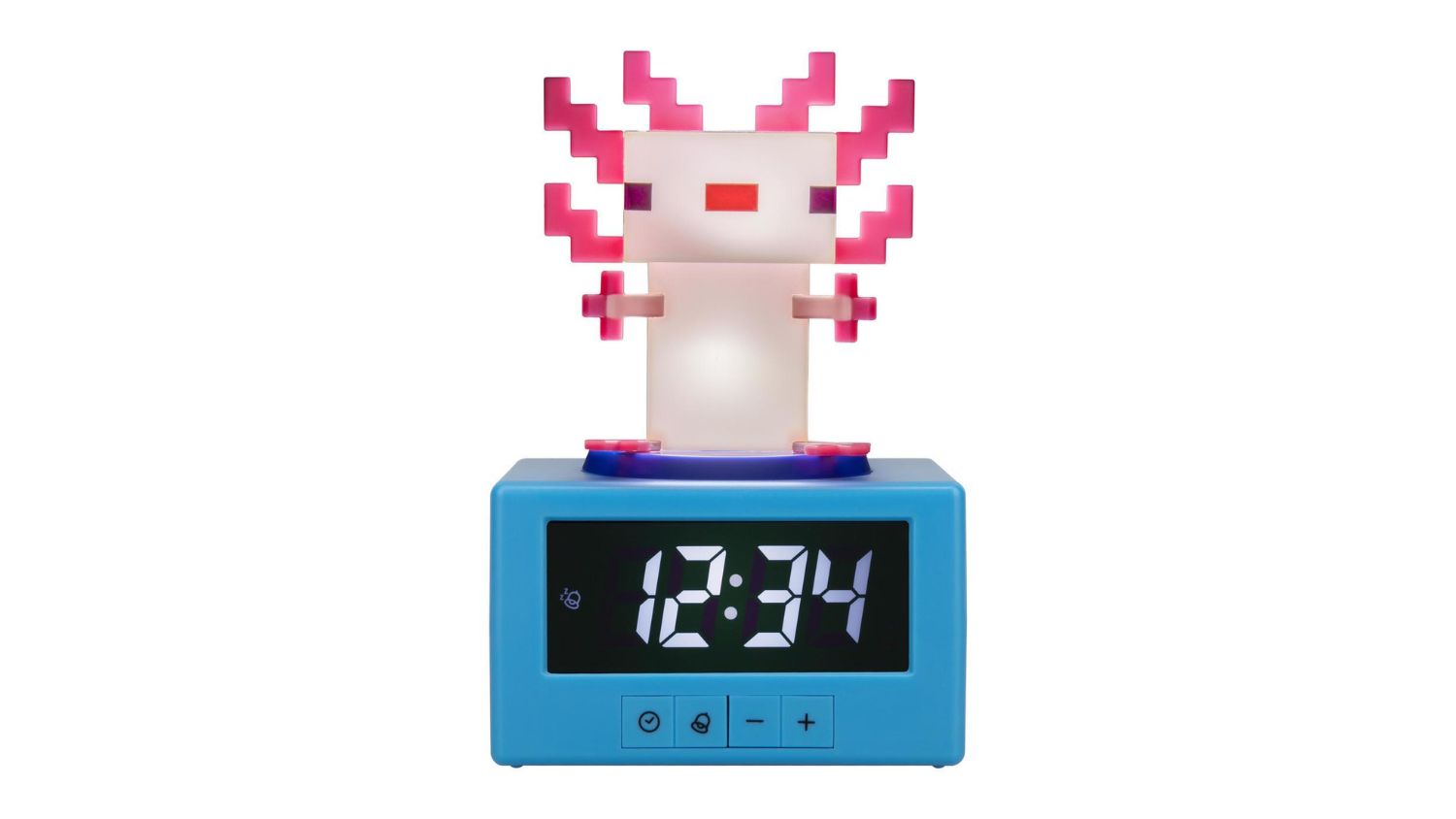 A front view of the Minecraft Axolotl novelty alarm clock